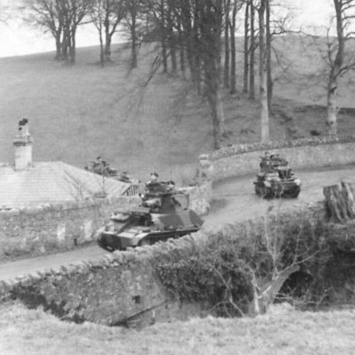 Mark VI Light Tanks on a training exercise. A and B Squadron, 2nd Battalion, Fife and Forfar Yeomanry, Royal Armoured Corps attached to 53rd (Welsh) Infantry Division training at Derrymore House, Bessbrook, Co. Armagh.