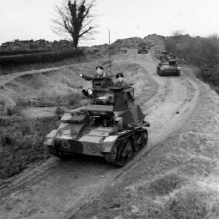 Mark VI Light Tanks on a training exercise. A and B Squadron, 2nd Battalion, Fife and Forfar Yeomanry, Royal Armoured Corps attached to 53rd (Welsh) Infantry Division training at Derrymore House, Bessbrook, Co. Armagh.