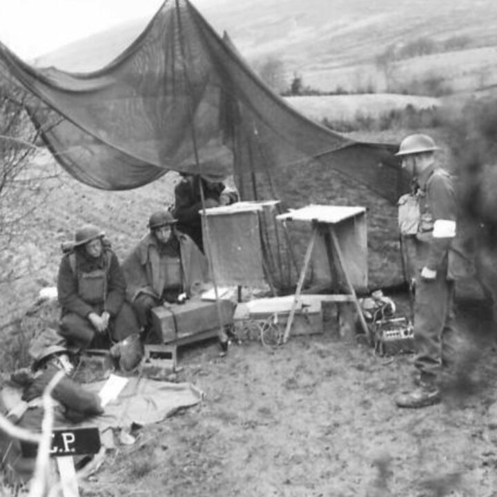 Battery command post of 77th (Duke of Lancaster's Own Yeomanry) Medium Regiment, Royal Artillery equipped with BL 6-inch Mark 19 26-cwt Howitzers at Crockawilla/Cnoc an Bhaile in the Sperrin Mountains near Draperstown, Co. Londonderry.