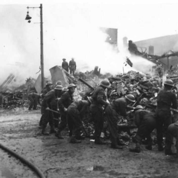 Soldiers at work clearing up rubble and debris in the aftermath of the Easter Raid of the Belfast Blitz.