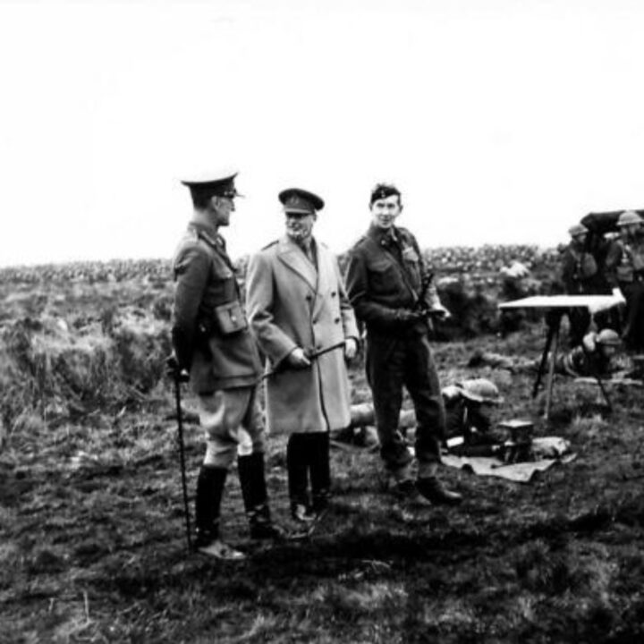 His Royal Highness The Duke of Gloucester with Brigadier C.M. Christie and Major General Bevil Thomson Wilson D.S.O. (General Officer Commanding 53rd (Welsh) Infantry Division) watching soldiers at a firing practice at Ballykinler, Co. Down.