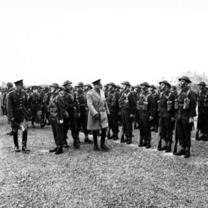 His Royal Highness The Duke of Gloucester with Brigadier James Gerald Bruxner-Randall (Officer Commanding 159th Infantry Brigade) inspecting 4th Battalion, King's Shropshire Light Infantry, 159th Infantry Brigade, 53rd (Welsh) Infantry Division at Newcastle, Co. Down.