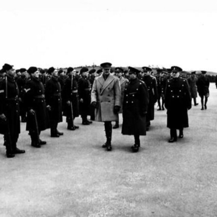 His Royal Highness The Duke of Gloucester with Lieutenant Colonel Allen inspecting soldiers of Royal Irish Fusiliers at Ballykinler, Co. Down.