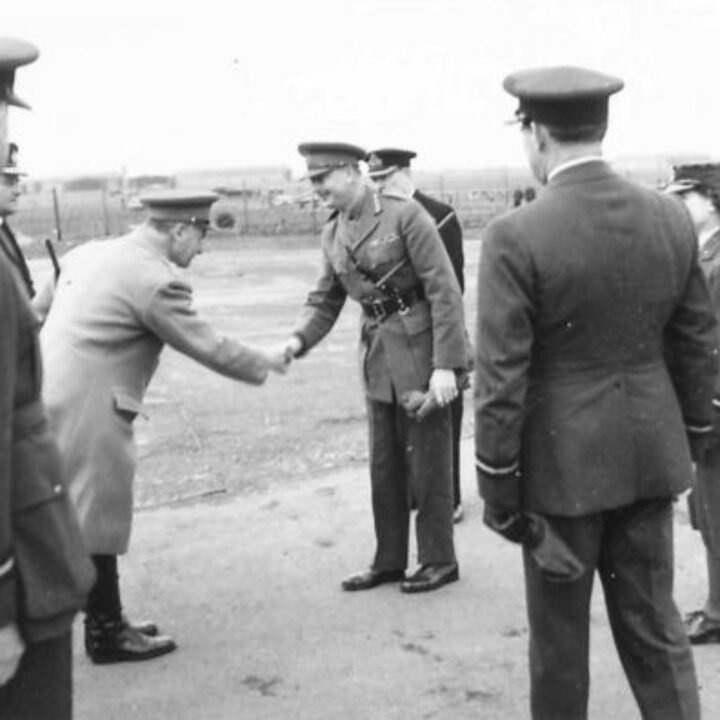 Lieutenant General Sir Henry Royds Pownall K.B.E., C.B., D.S.O., M.C. (General Officer Commanding British Troops in Northern Ireland) greets His Royal Highness The Duke of Gloucester on his arrival at R.A.F. Aldergrove, Co. Antrim.