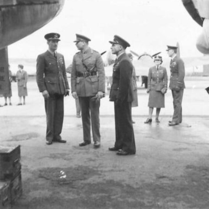 His Royal Highness The Duke of Gloucester with Air Commodore Charles Roderick Carr C.B.E., D.F.C., A.F.C. (Air Officer Commanding) making a tour of inspection at R.A.F. Aldergrove, Co. Antrim.