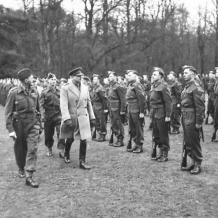 His Royal Highness The Duke of Gloucester inspecting soldiers of 7th Battalion, Gloucestershire Regiment at Castledawson, Co. Londonderry.