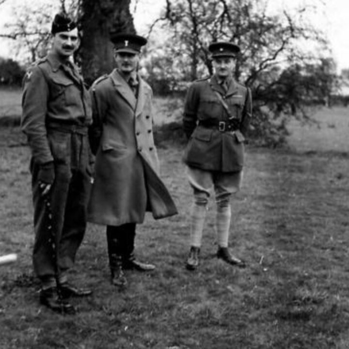 Captain Basil Ernest West Aldwell, Major Thomas Patrick David Scott, and Lieutenant Colonel J. Cheyney during the visit of His Royal Highness The Duke of Gloucester at Dungannon, Co. Tyrone.
