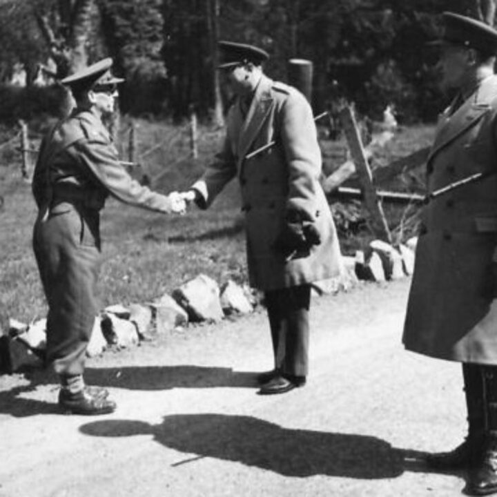 His Royal Highness The Duke of Gloucester greeted by Major G.H. King M.C. (Camp Commandant, British Troops in Northern Ireland).