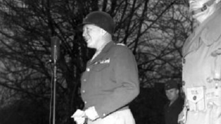 Lieutenant General Patton delivers an address, quite possibly his famous speech, to men of the 2nd Infantry Division, U.S. Army at The Mall, Armagh, Co. Armagh on 1st April 1944.