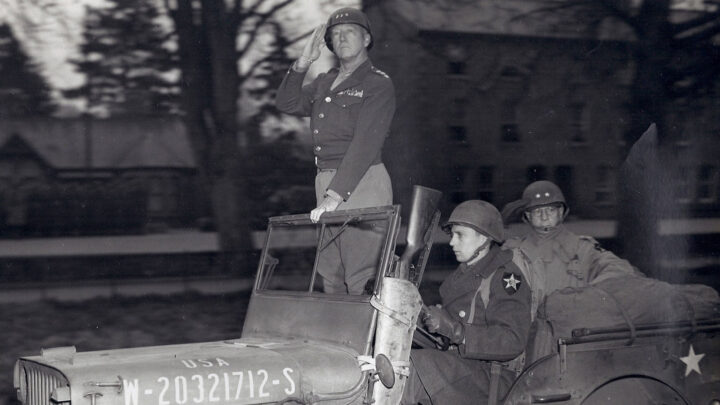 Lieutenant General George S. Patton with Major General Walter Robertson pass in review of Third Army Troops in Armagh, Co. Armagh on 1st April 1944 prior to the Normandy invasion in June.