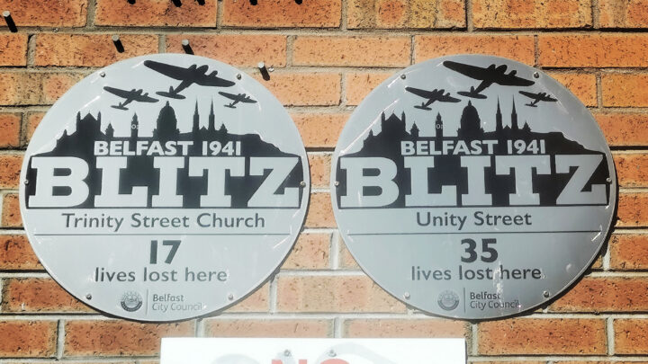 Commemorative plaques at Carrick Hill Community Centre remembers those from Trinity Street, Unity Street, and the surrounding area who died during the Belfast Blitz of 1941.