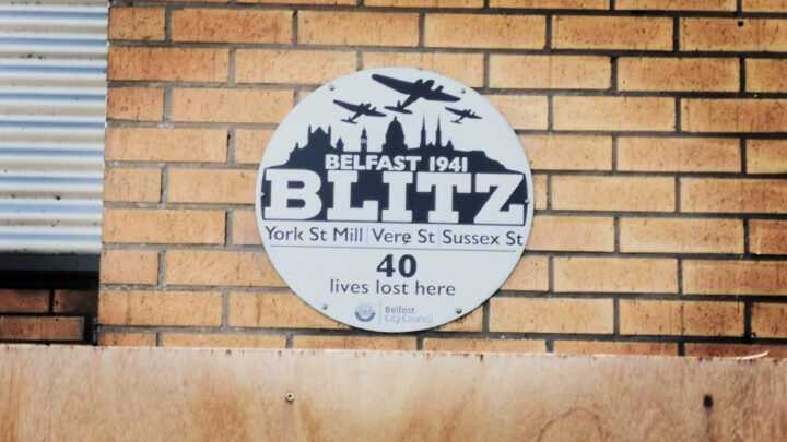 A commemorative plaque on the wall of Cityside Retail and Leisure Park, York Street, Belfast remembers those from the local area who died as result of the Belfast Blitz in 1941.