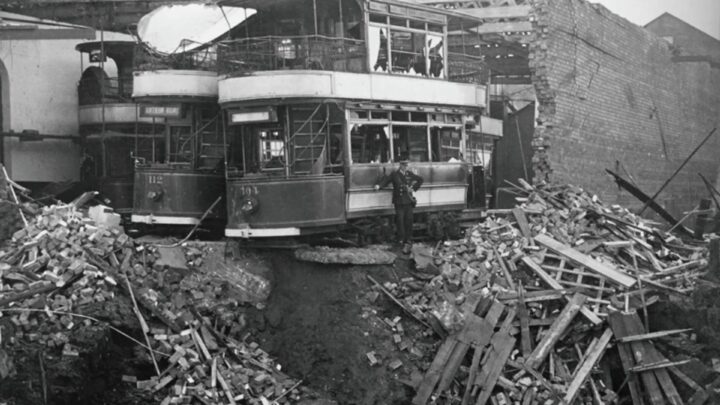 Extensive damage caused during the Easter Raid of the Belfast Blitz to the tramway depot on Salisbury Avenue off Antrim Road, Belfast.