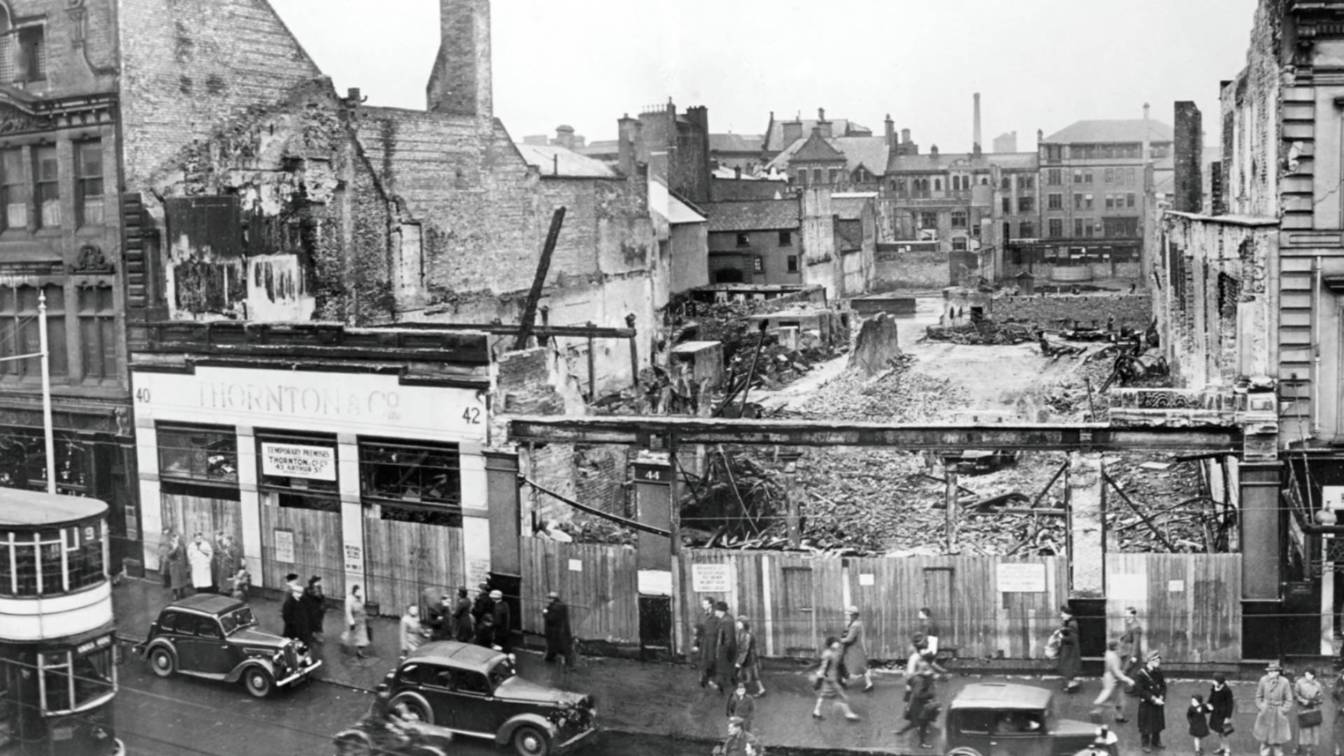 Only rubble remains where once stood The Ulster Arcade (Brands) at 44-46 Donegall Place, Belfast. The clearance of buildings means that Callendar Street and Arthur Street can be seen in the background.