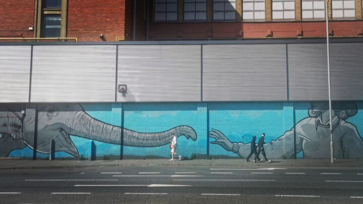 A mural on the side wall of Cityside Retail and Lesure Park, York Street, Belfast recalls the Second World War story of Shiela the Elephant.