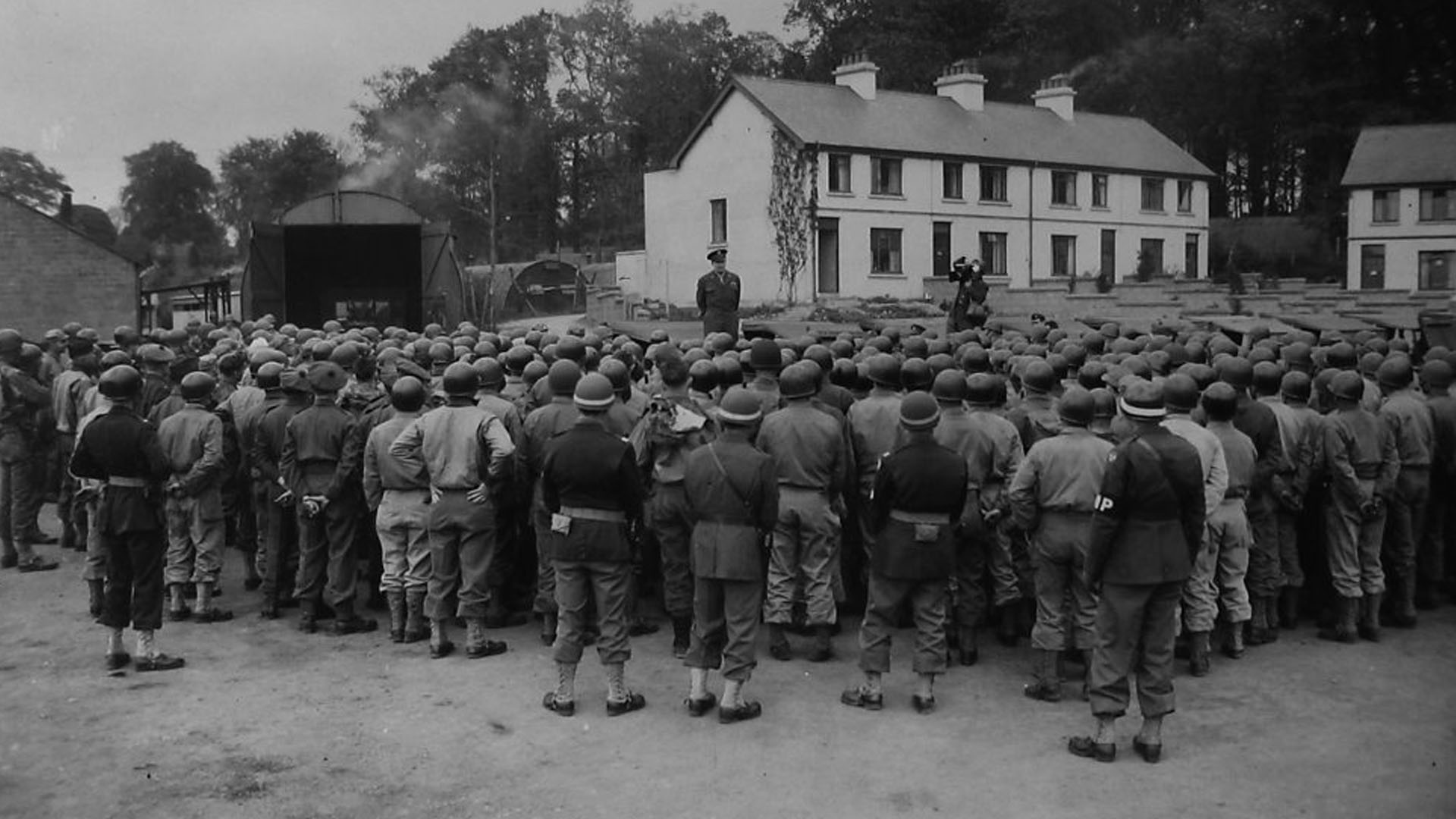 General Dwight D Eisenhower, Supreme Allied Commander of the Allied Expeditionary Forces in Great Britain inspects US Army troops from an Infantry Division at Celtic Park, Enniskillen, Co. Fermanagh. Copyright unknown.