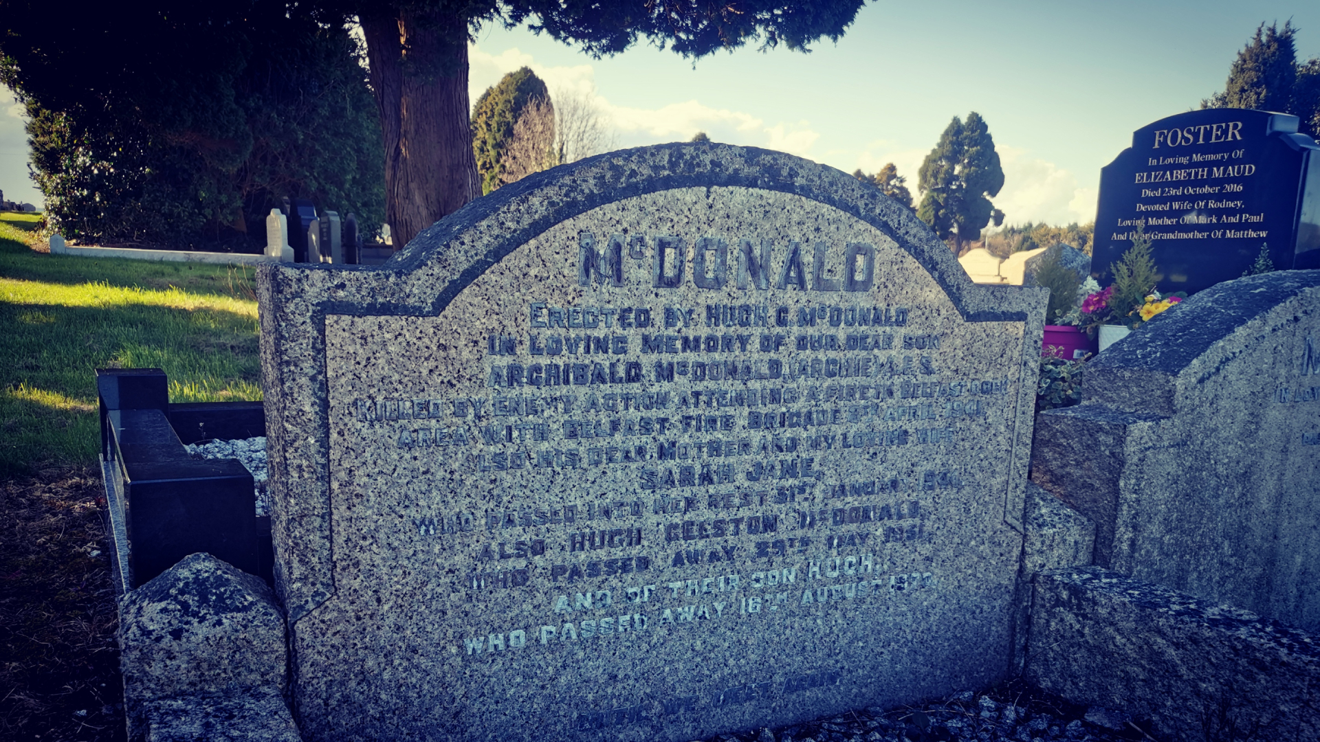 Grave of Auxiliary Fire Service volunteer Archibald McDonald in Dundonald Cemetery, Dundonald, Co. Down.