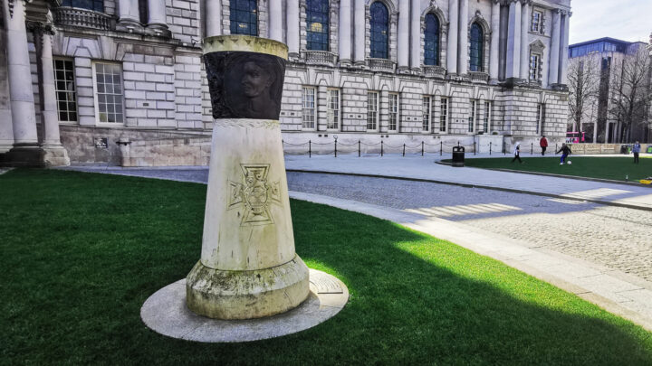 A stone column commemorating Able Seaman James Magennis V.C. at Belfast City Hall on Donegall Square North, Belfast.