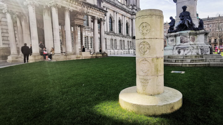 A stone column commemorating the 1942 arrival of United States forces to Ulster at Belfast City Hall on Donegall Square North, Belfast.