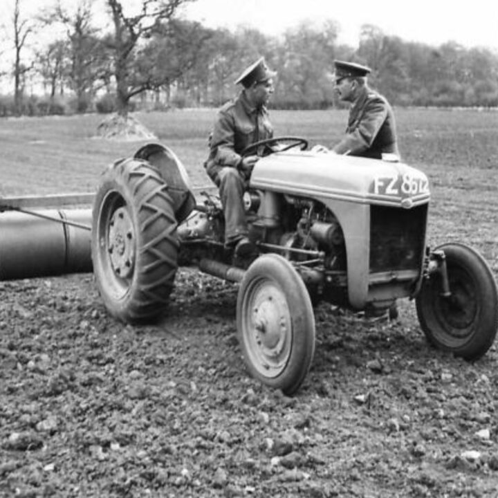 Soldiers with a tractor roll a 20-acre field on farmland near Shane's Castle, Randalstown, Co. Antrim. During the Second World War, soldiers based in Northern Ireland received tuition in agricultural techniques to help with the war effort.