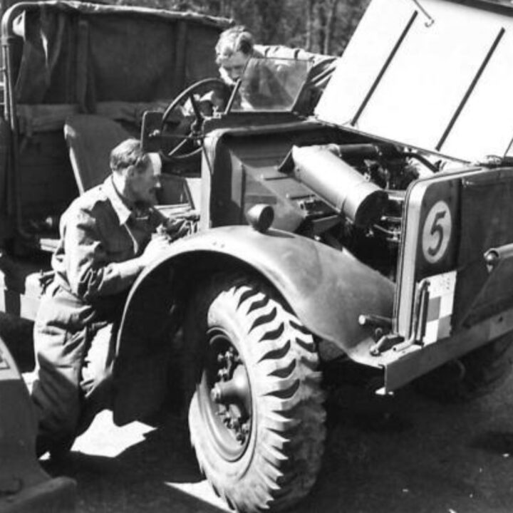 Two Colonels at work on the maintenance of a British Army vehicle at a Command Vehicle Maintenance School at Thiepval Barracks, Lisburn, Co. Antrim.