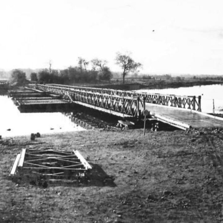 Three-quarter view of a Bailey Pontoon Bridge at Newferry, Co. Londonderry.