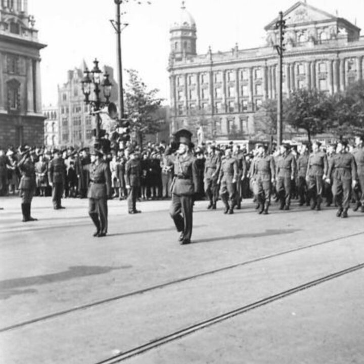 Major General Vivian Henry Bruce Majendie (General Officer Commanding Northern Ireland District) takes the salute from a members of The Royal Ulster Rifles at Belfast City Hall, Donegall Square North, Belfast.