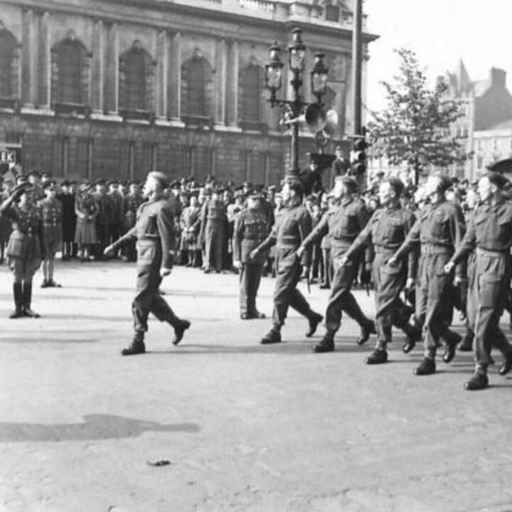 Major General Vivian Henry Bruce Majendie (General Officer Commanding Northern Ireland District) takes the salute from a members of The Royal Army Service Corps at Belfast City Hall, Donegall Square North, Belfast.