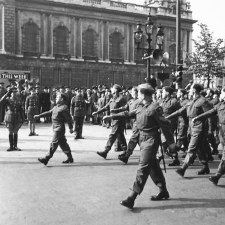 Major General Vivian Henry Bruce Majendie (General Officer Commanding Northern Ireland District) takes the salute from a members of The Royal Army Ordnance Corps at Belfast City Hall, Donegall Square North, Belfast.