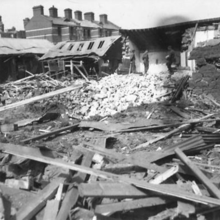 Damage caused to the magazine, which did not explode, at Victoria Barracks, Belfast following the Fire Raid of the Belfast Blitz.