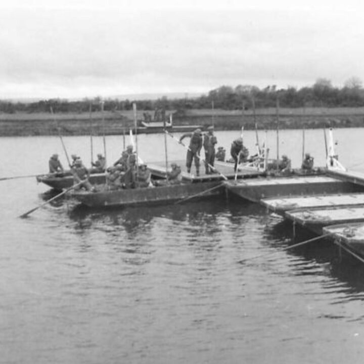 A section of pontoon bridge rowed into position during a demonstration by 61st Divisional Engineers at Agivey, Co. Londonderry.
