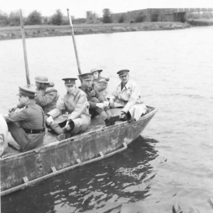 A Divisional Commander and staff on a pontoon during a demonstration by 61st Divisional Engineers at Agivey, Co. Londonderry.