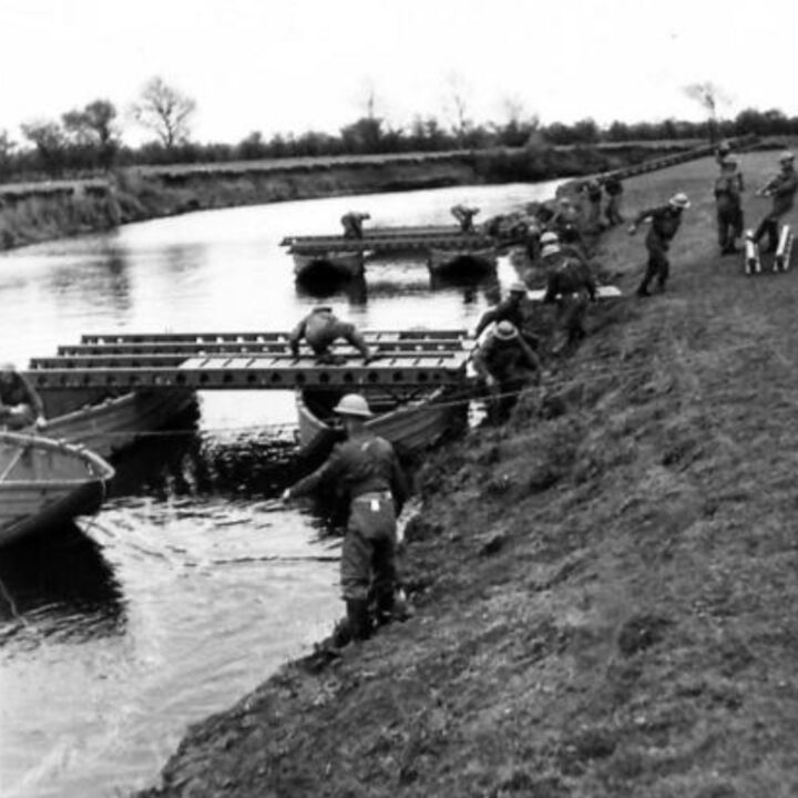 Sappers constructing rafts along the river bank during a demonstration by 61st Divisional Engineers at Agivey, Co. Londonderry.