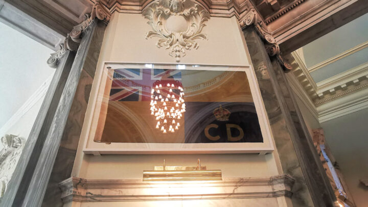 A Civil Defence Services flag dating back to the Second World War framed at City Hall, Donegall Square North, Belfast.