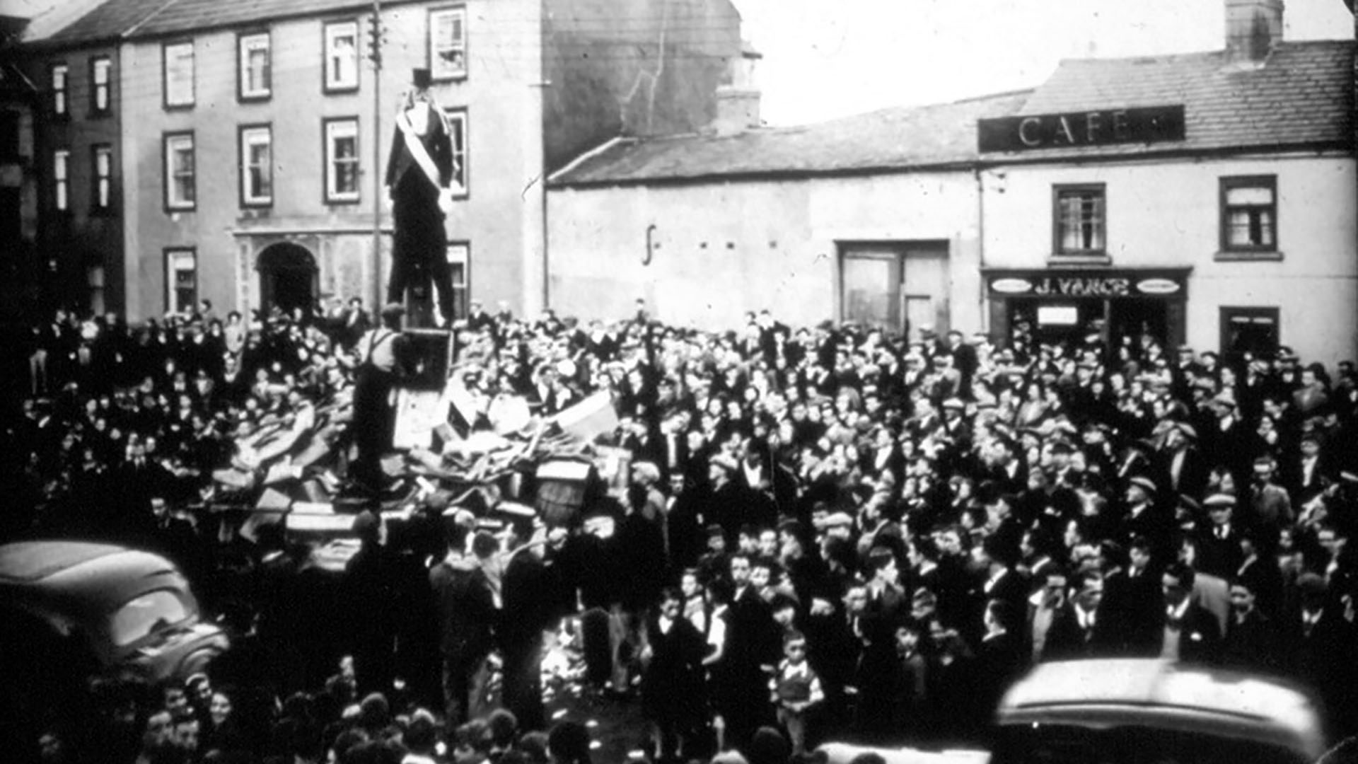 An effigy of Billy Lundy possibly carried by local man Billy Burns is placed on top of the 11th July bonfire at the junction of Bridge Street and Carrickblacker Road in Edenderry, Portadown, Co. Armagh.