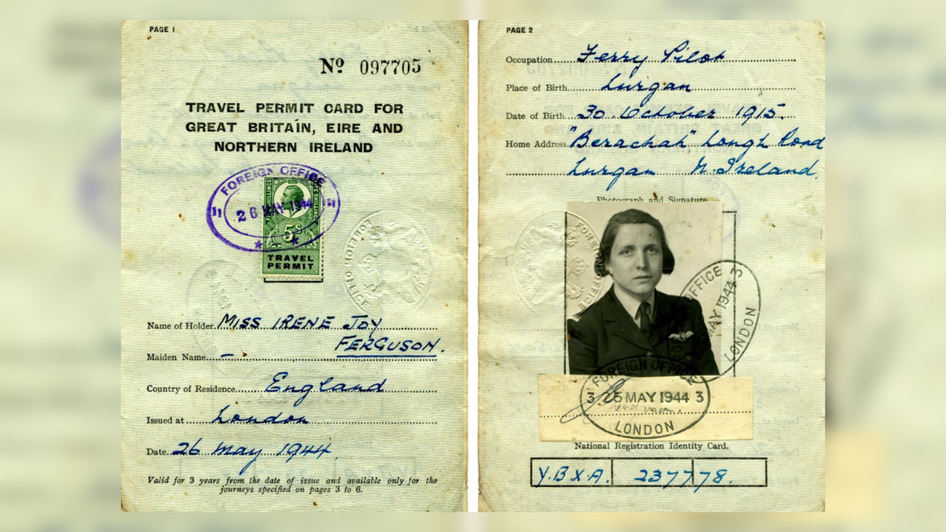 Travel permit card for Great Britain, Éire, and Northern Ireland belonging to Miss Irene Joy Ferguson, born on 30th October 1915 in Lurgan, Co. Armagh.