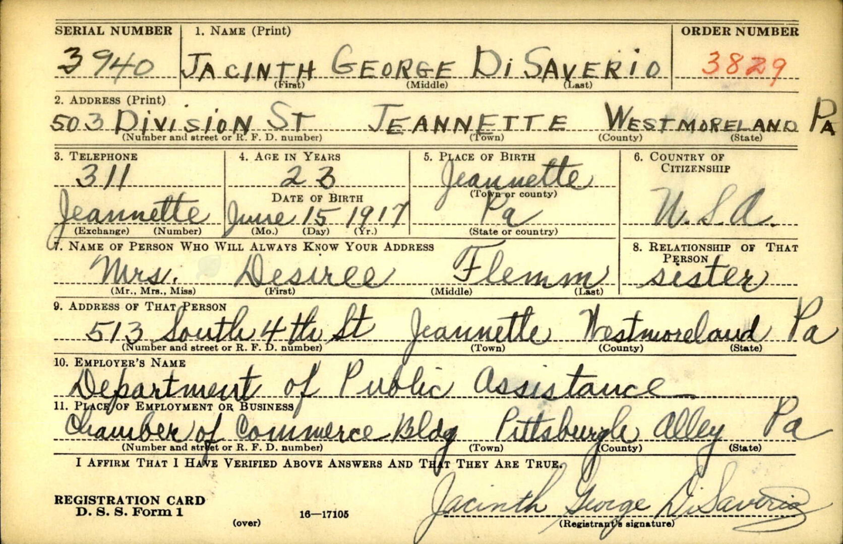 U.S. WWII Draft Card for Jacinth George Di Saverio.