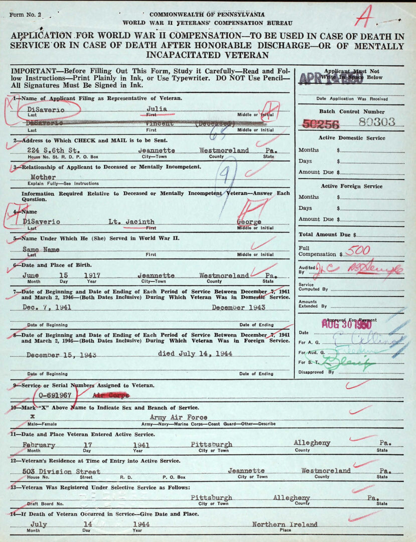 Veteran Compensation Application Form for First Lieutenant Jacinth George Di Saverio.