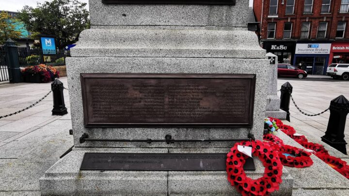 The names of 89 men and women from the town and surrounding areas feature on the Second World War section of the Portadown War Memorial, Portadown, Co. Armagh. The memorial stands in front of St. Mark's Church of Ireland at the head of the town.
