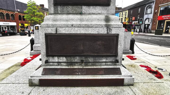 The names of 89 men and women from the town and surrounding areas feature on the Second World War section of the Portadown War Memorial, Portadown, Co. Armagh. The memorial stands in front of St. Mark's Church of Ireland at the head of the town.