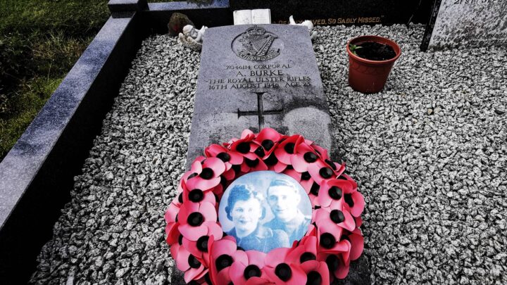 A Commonwealth War Graves headstone marks the grave of Corporal Aubrey Burke in Seagoe Cemetery, Portadown, Co. Armagh.