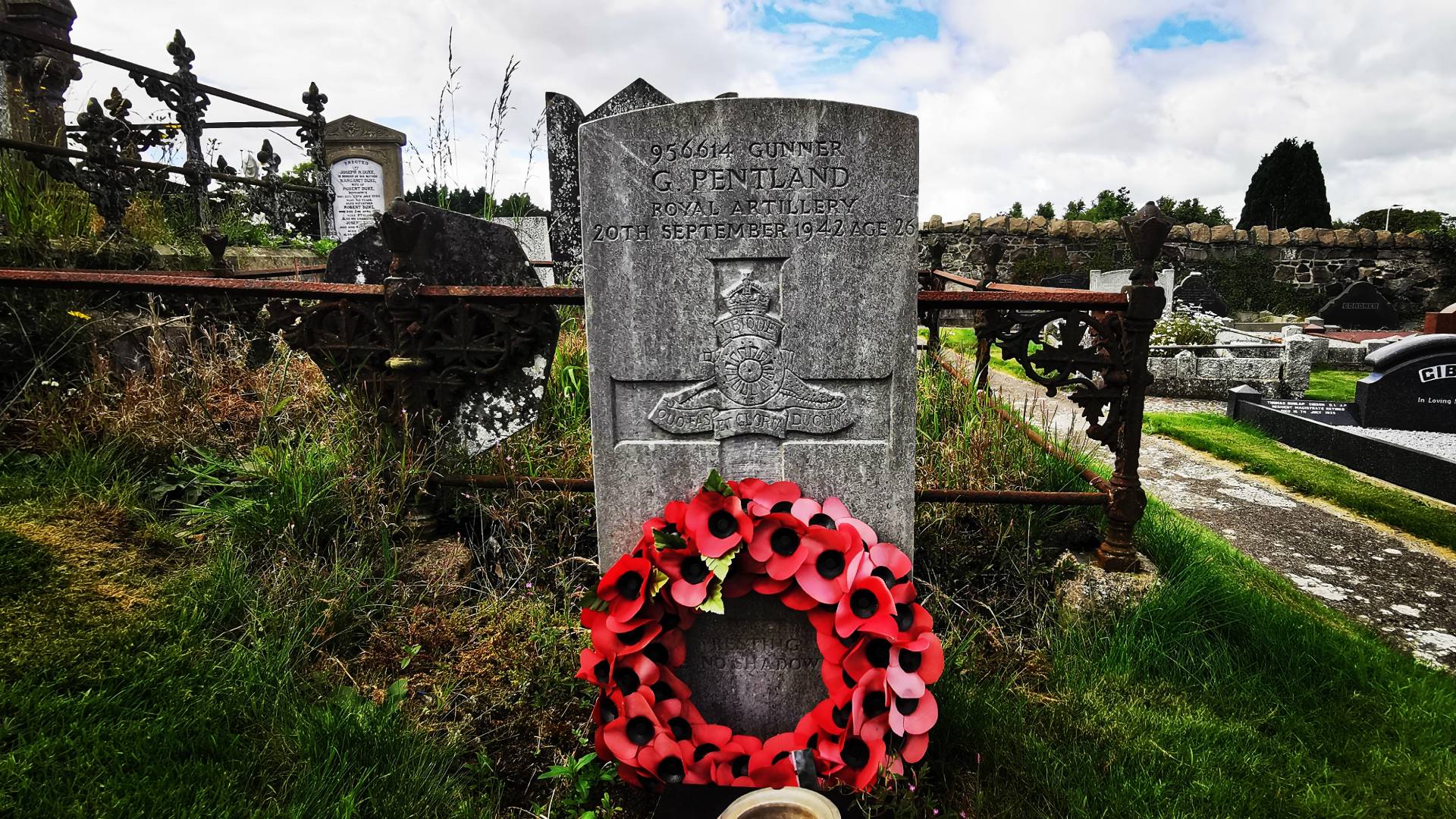 A Commonwealth War Graves headstone marks the grave of Gunner George Pentland in Seagoe Cemetery, Portadown, Co. Armagh.