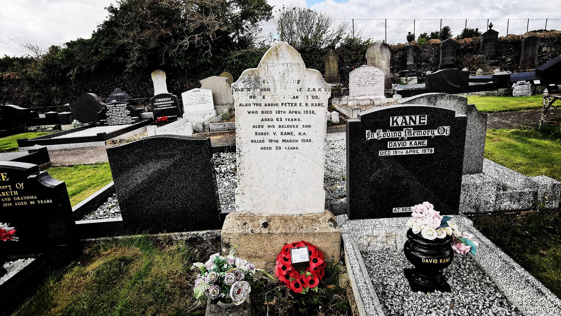 A family memorial commemorates Sergeant Vincent Kane in Seagoe Cemetery, Portadown, Co. Armagh.
