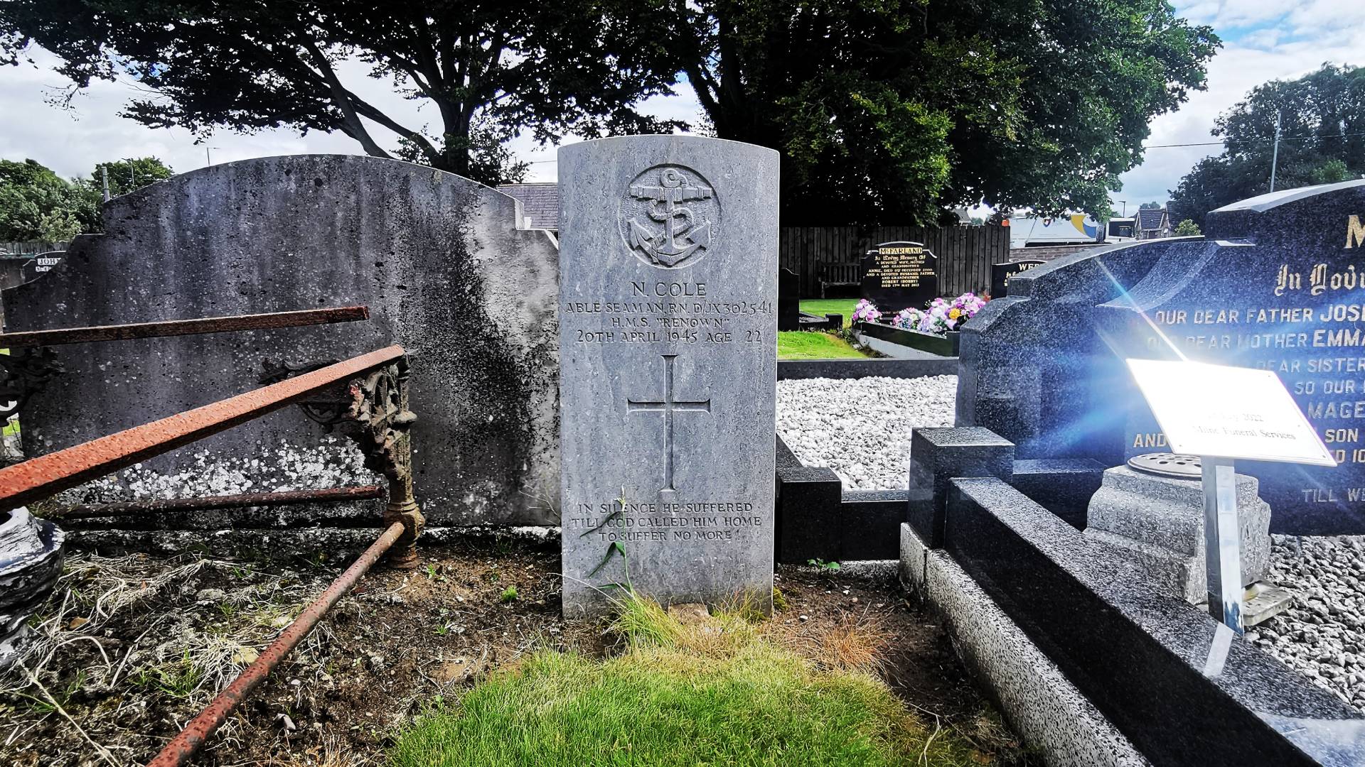 A Commonwealth War Graves headstone marks the grave of Able Seaman Norman Cole in Seagoe Cemetery, Portadown, Co. Armagh.