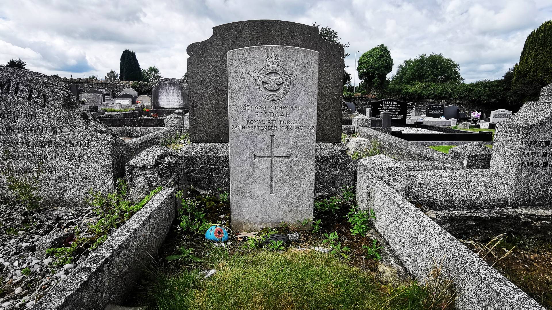 A Commonwealth War Graves headstone marks the grave of Corporal Robert Victor Doak in Seagoe Cemetery, Portadown, Co. Armagh.