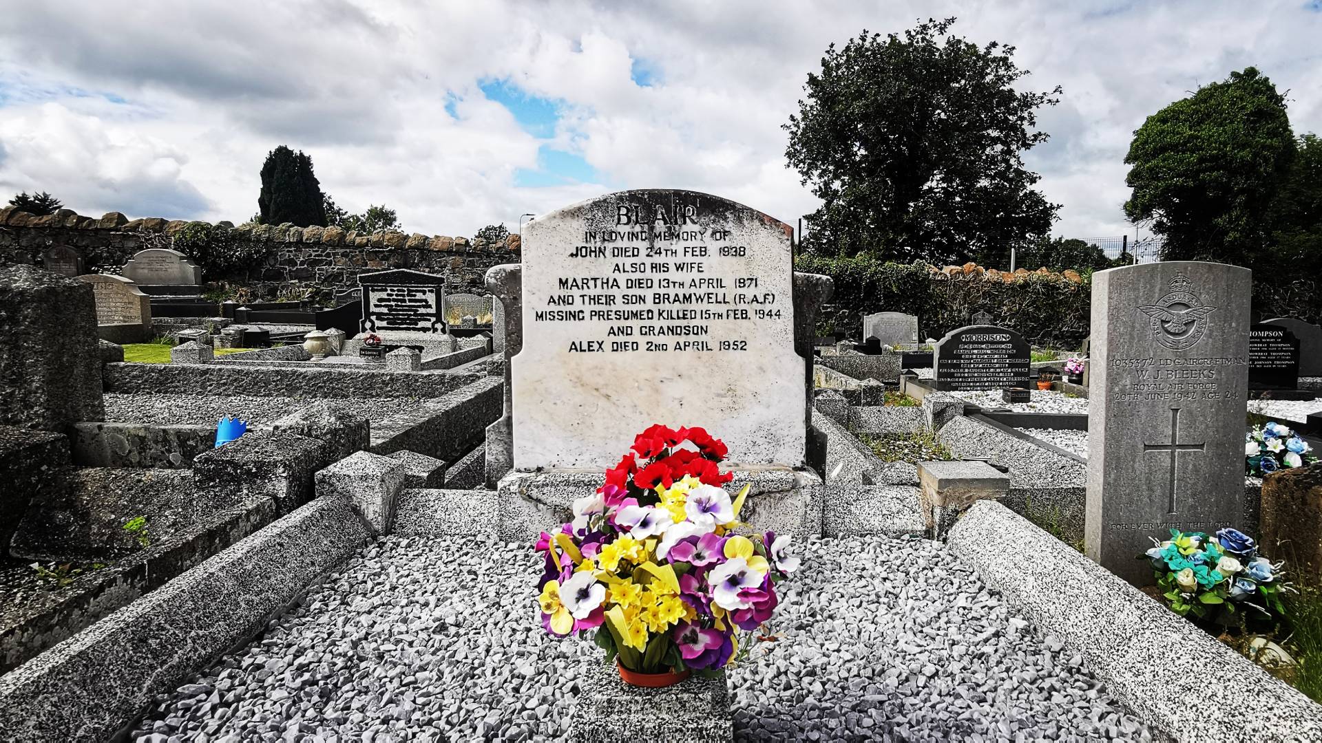 A family memorial commemorates Sergeant Ernest Bramwell Blair in Seagoe Cemetery, Portadown, Co. Armagh.