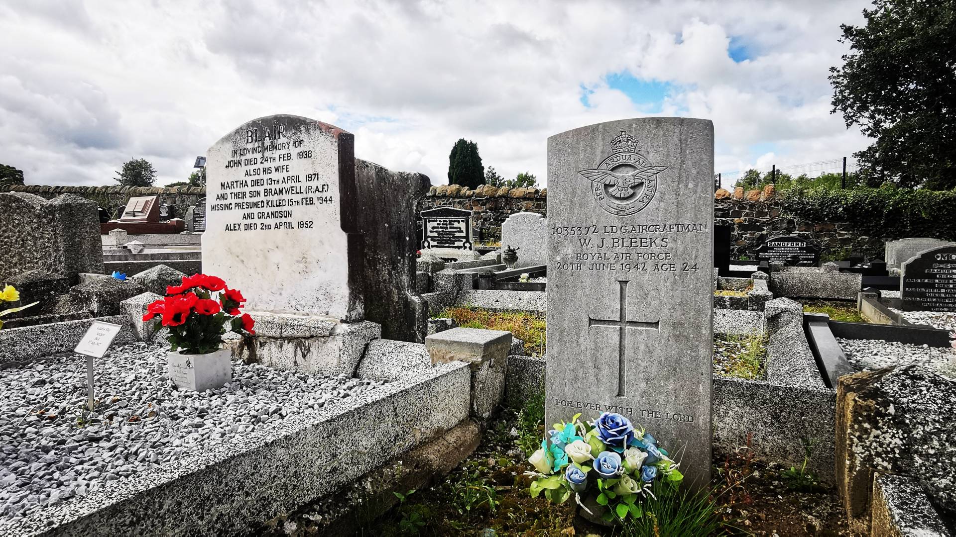 A Commonwealth War Graves headstone marks the grave of Leading Aircraftman William James Bleeks in Seagoe Cemetery, Portadown, Co. Armagh.