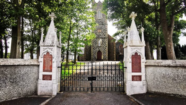 The gates of Seagoe (St. Gobhan's) Church of Ireland, Portadown, Co. Armagh commemorate those from the congregation who died during The Great War and the Second World War.