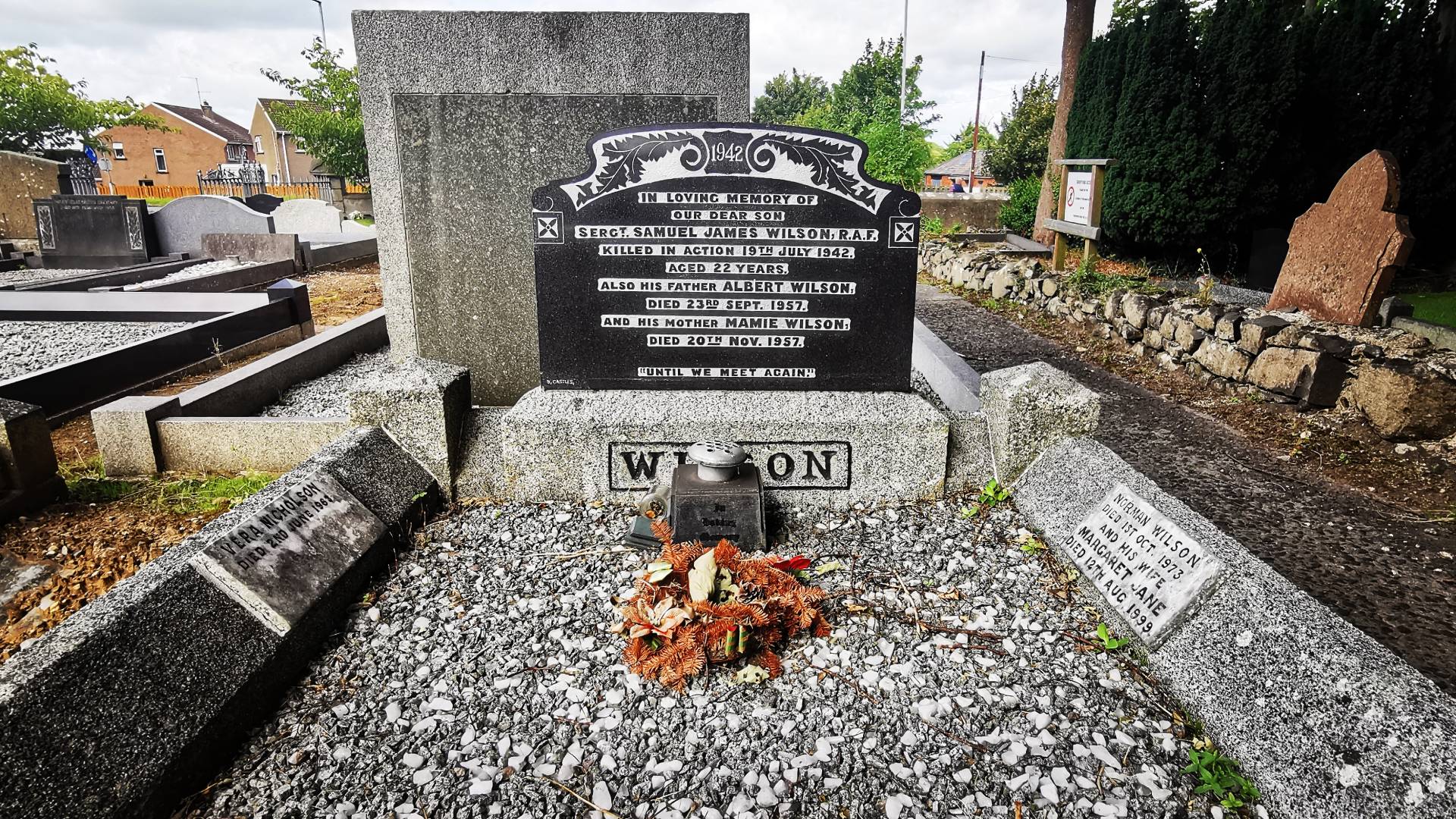 A family headstone marks the grave of Sergeant Samuel James Wilson in Seagoe (St. Gobhan's) Church of Ireland Churchyard, Portadown, Co. Armagh.