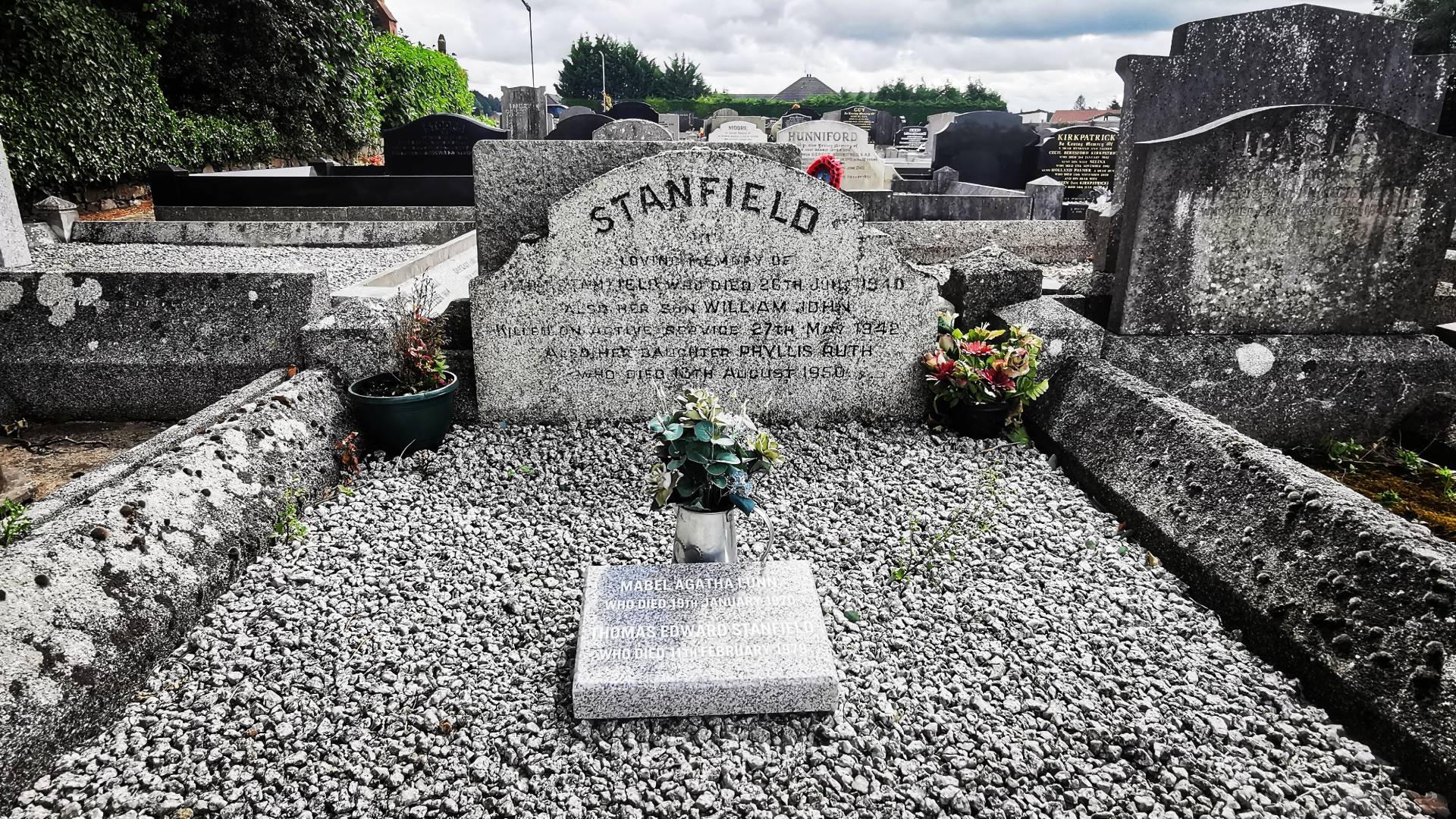 A family memorial commemorates Gunner William John Stanfield in Seagoe (St. Gobhan's) Church of Ireland Churchyard, Portadown, Co. Armagh.